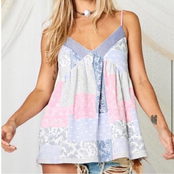 Patchwork printed paisley babydoll boho women’s cute summer tank top - Picture 3 of 3